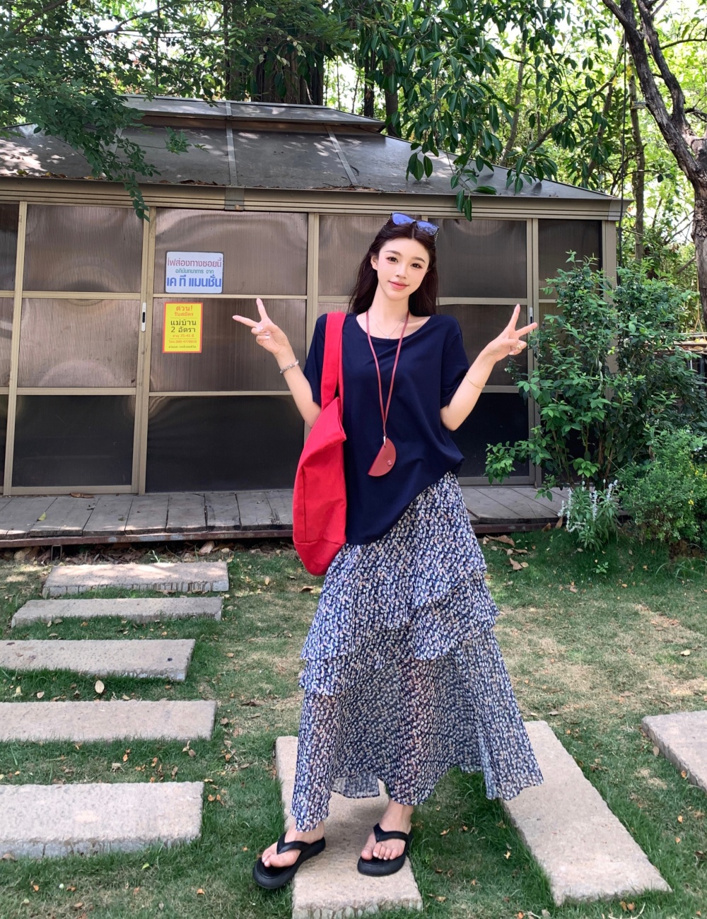 Floral T-shirt all-match skirt 2pcs set