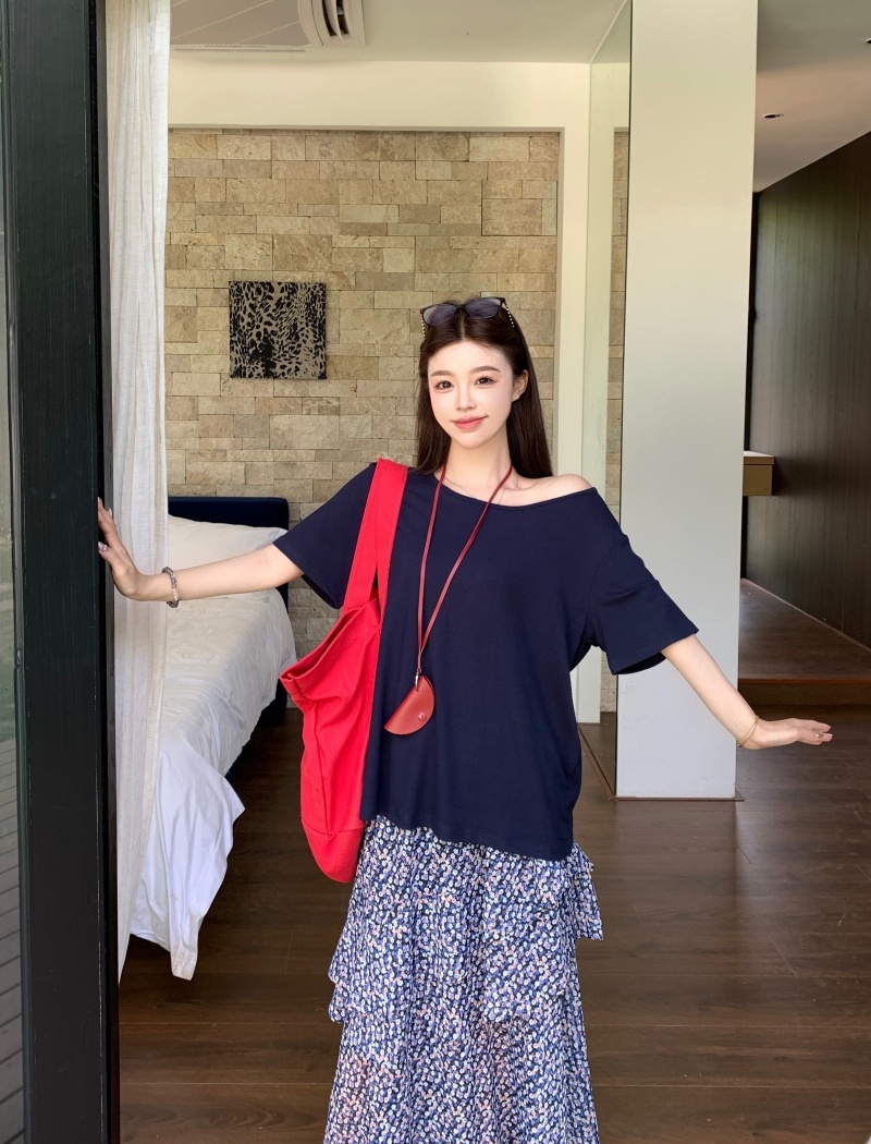 Floral T-shirt all-match skirt 2pcs set