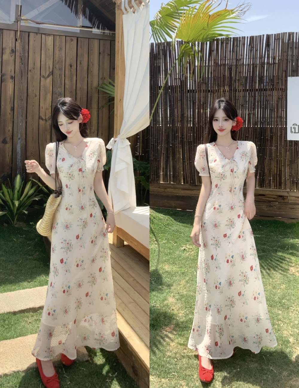 Long slim floral V-neck temperament summer dress