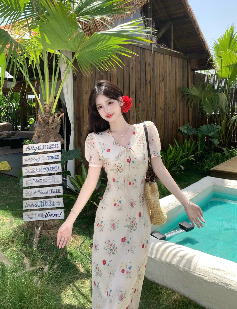 Long slim floral V-neck temperament summer dress