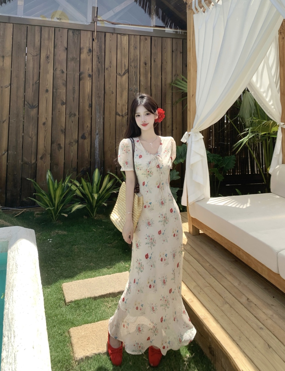 Long slim floral V-neck temperament summer dress