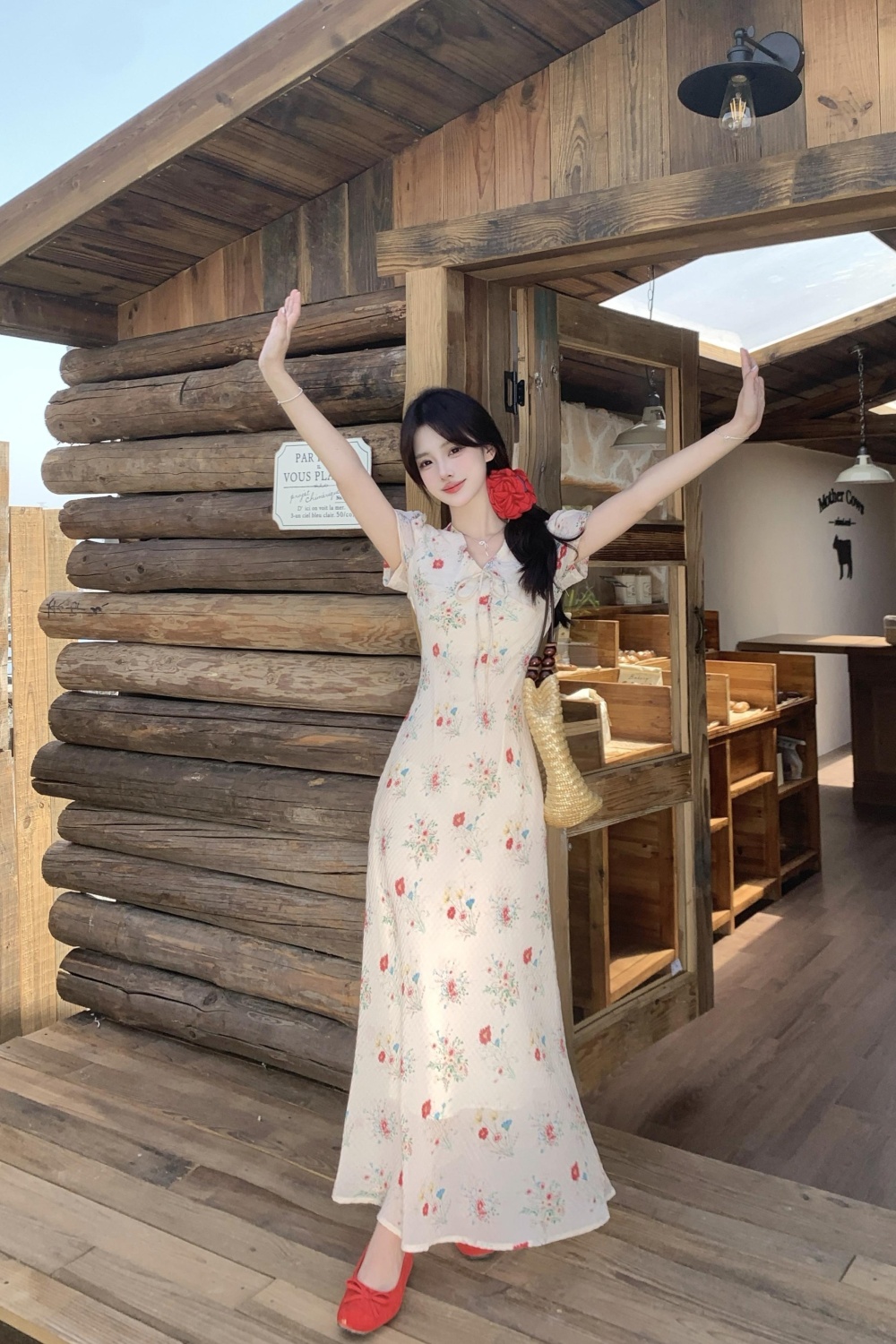 Long slim floral V-neck temperament summer dress