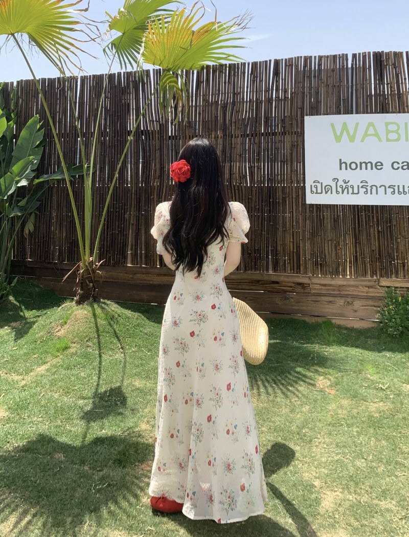 Long slim floral V-neck temperament summer dress