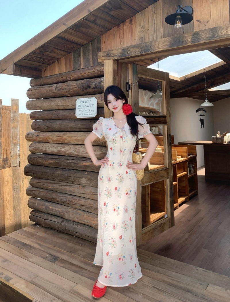 Long slim floral V-neck temperament summer dress