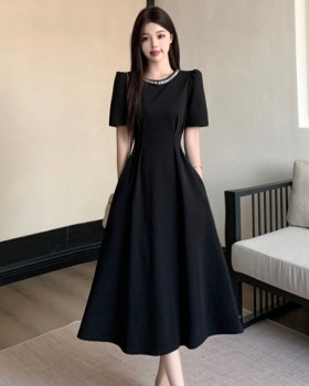 Long black pearl short sleeve dress for women