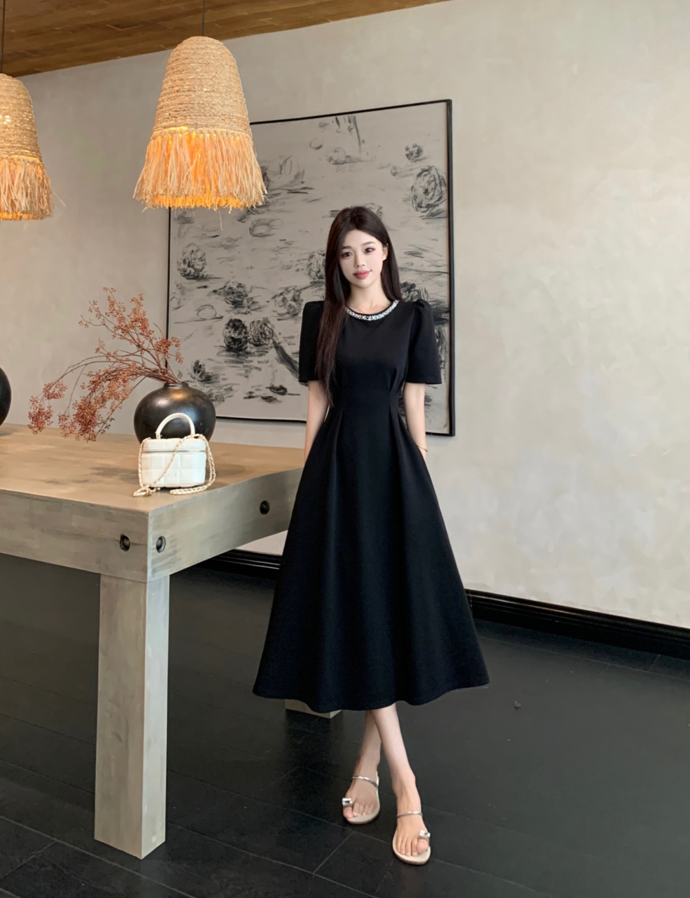 Long black pearl short sleeve dress for women