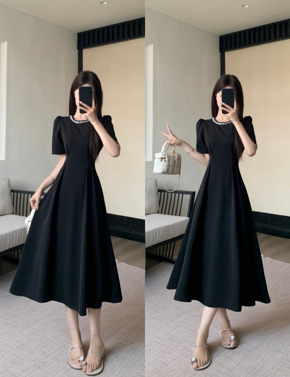 Long black pearl short sleeve dress for women