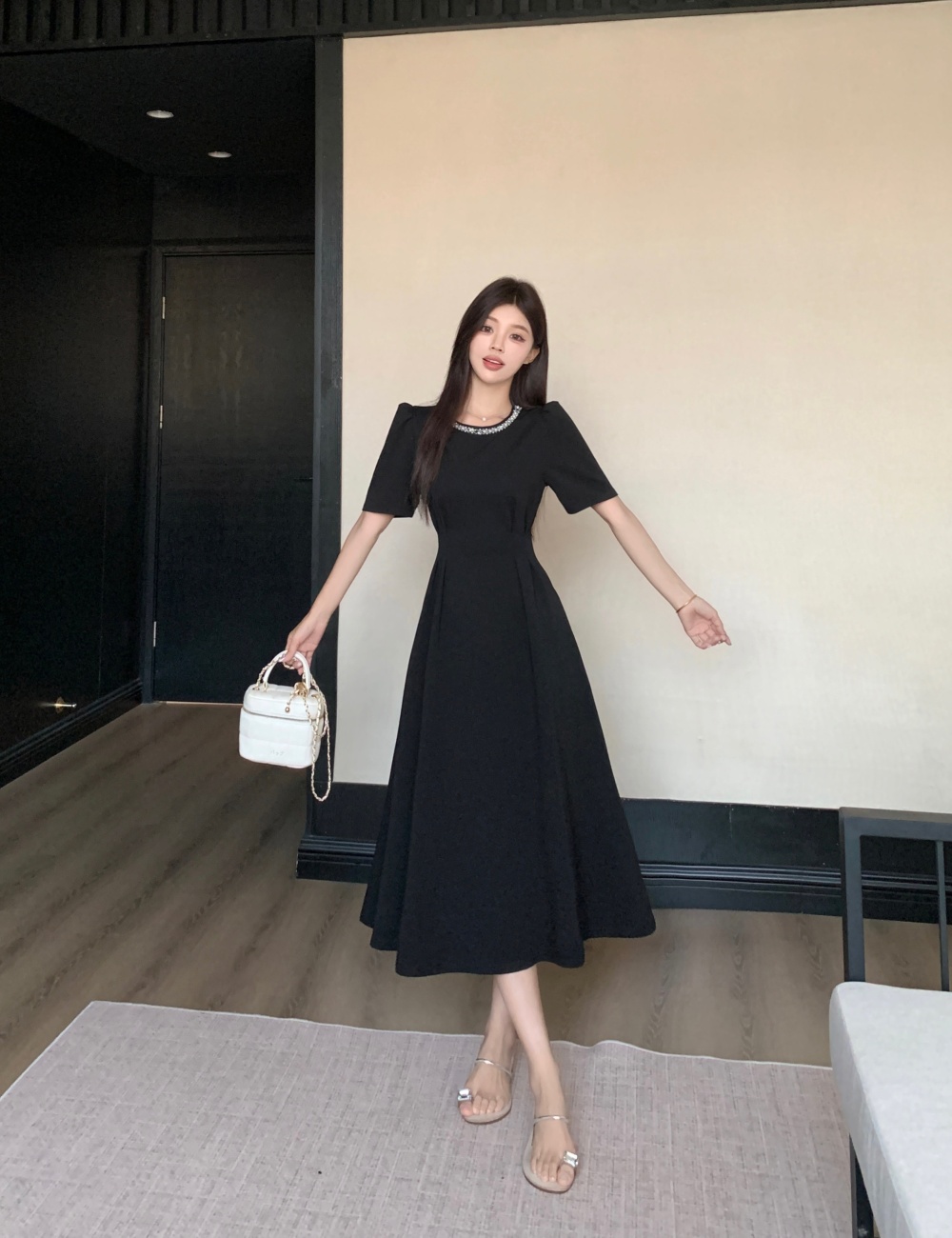 Long black pearl short sleeve dress for women