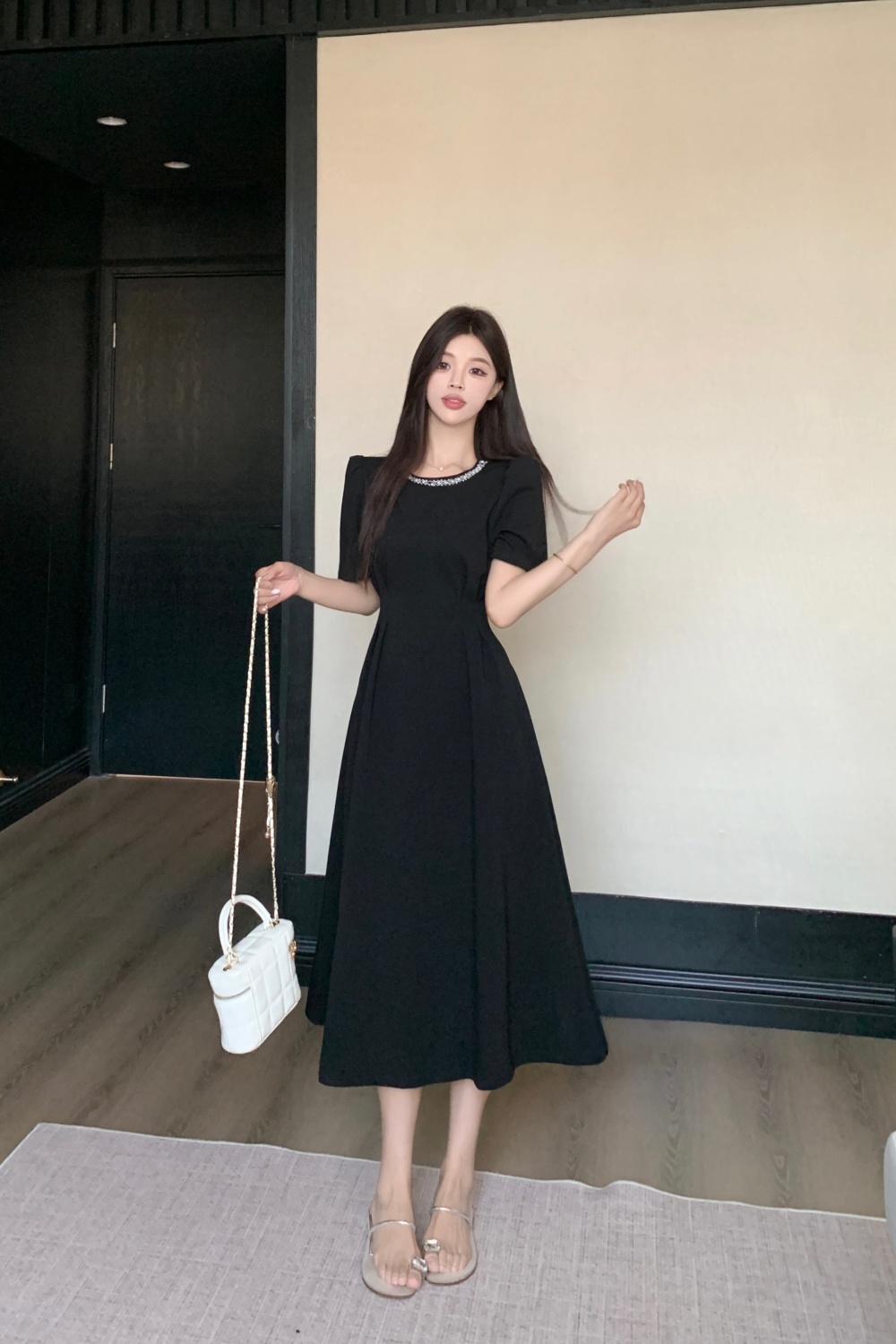 Long black pearl short sleeve dress for women
