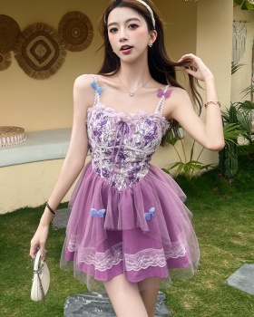 Sling lace enticement dress bow pinched waist sweet T-back