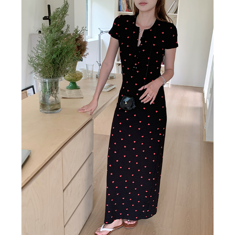 Short sleeve heart package hip long dress red fashion slim dress