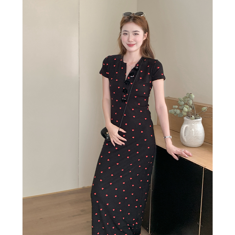 Short sleeve heart package hip long dress red fashion slim dress