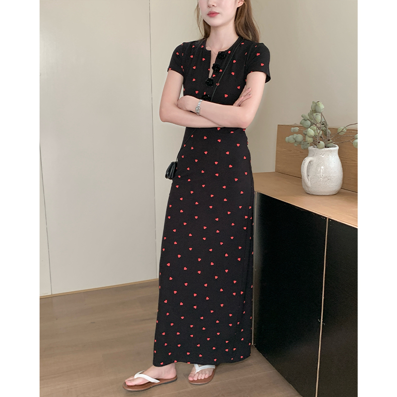 Short sleeve heart package hip long dress red fashion slim dress