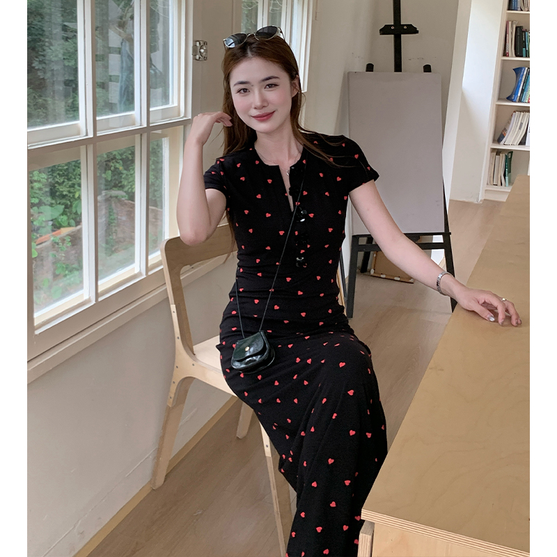 Short sleeve heart package hip long dress red fashion slim dress