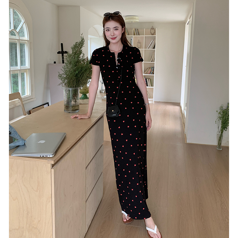 Short sleeve heart package hip long dress red fashion slim dress