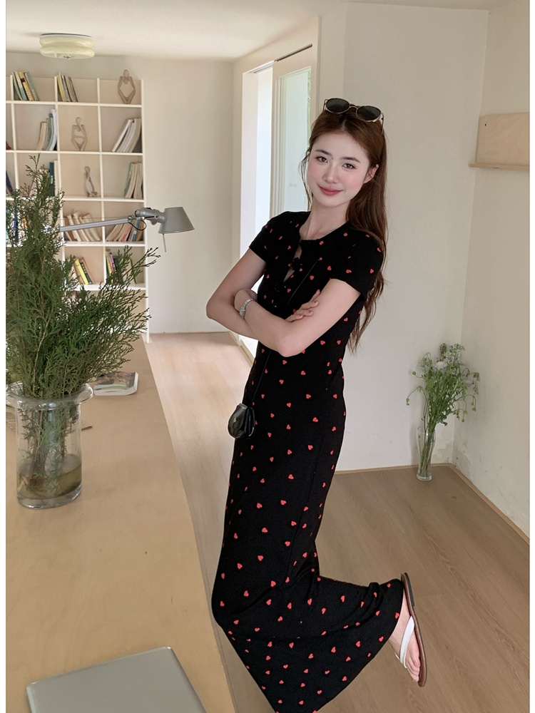 Short sleeve heart package hip long dress red fashion slim dress