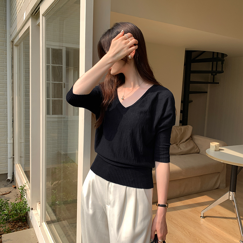 V-neck pure cotton smock loose sunscreen T-shirt for women