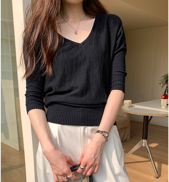 V-neck pure cotton smock loose sunscreen T-shirt for women