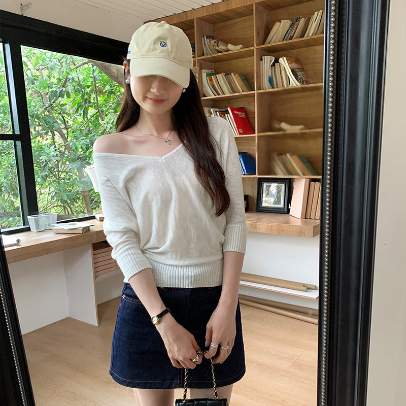V-neck pure cotton smock loose sunscreen T-shirt for women