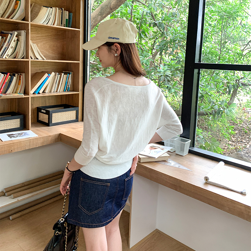 V-neck pure cotton smock loose sunscreen T-shirt for women