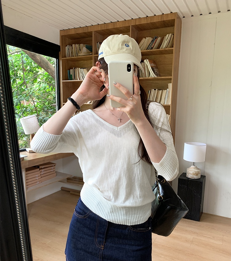V-neck pure cotton smock loose sunscreen T-shirt for women