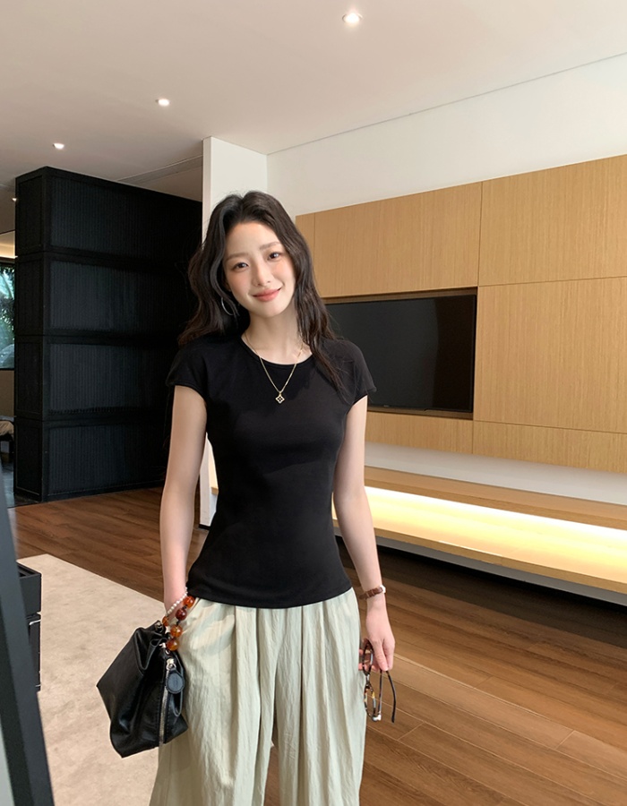 Round neck unique summer T-shirt short sleeve slim tops for women