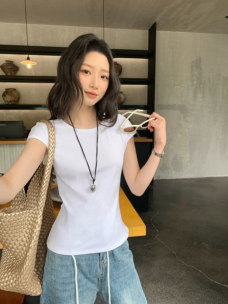 Round neck unique summer T-shirt short sleeve slim tops for women