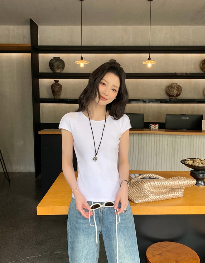 Round neck unique summer T-shirt short sleeve slim tops for women