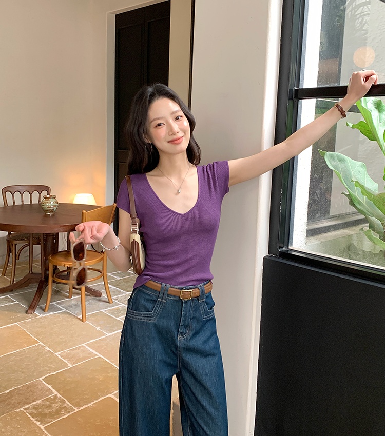 V-neck sweet short sleeve sweater thin summer tops for women