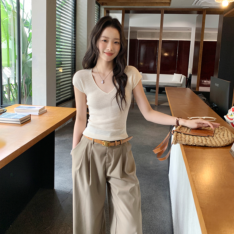 V-neck sweet short sleeve sweater thin summer tops for women
