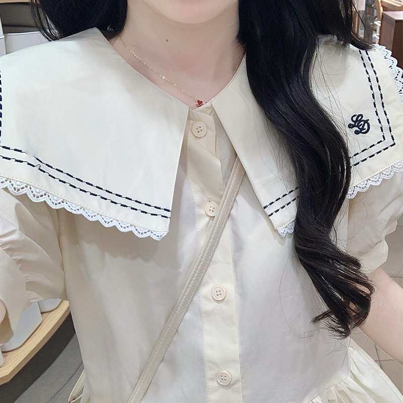 Maiden lace navy collar short sleeve college style dress
