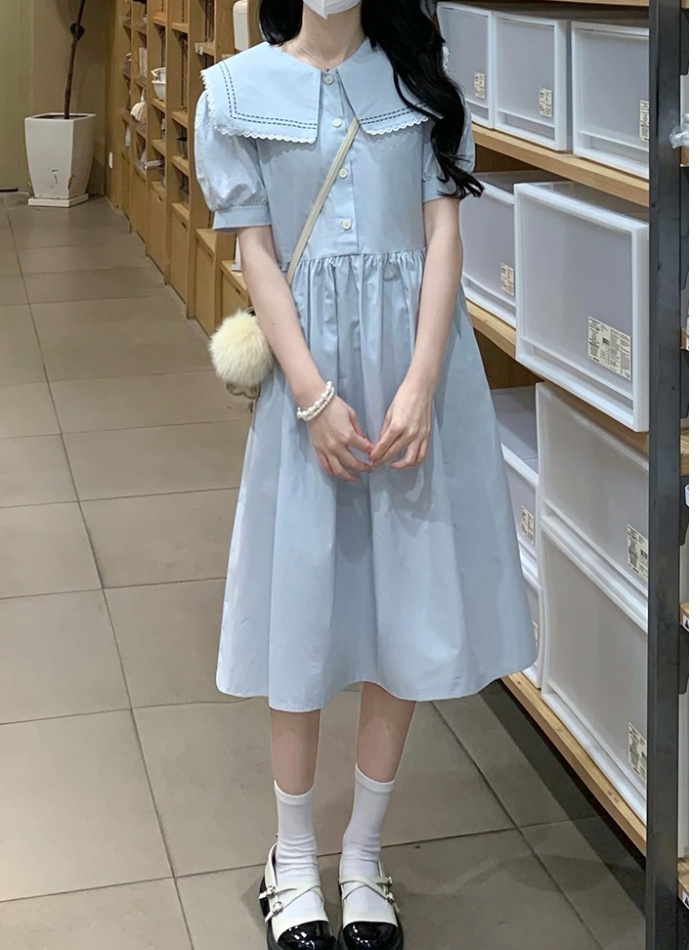 Maiden lace navy collar short sleeve college style dress