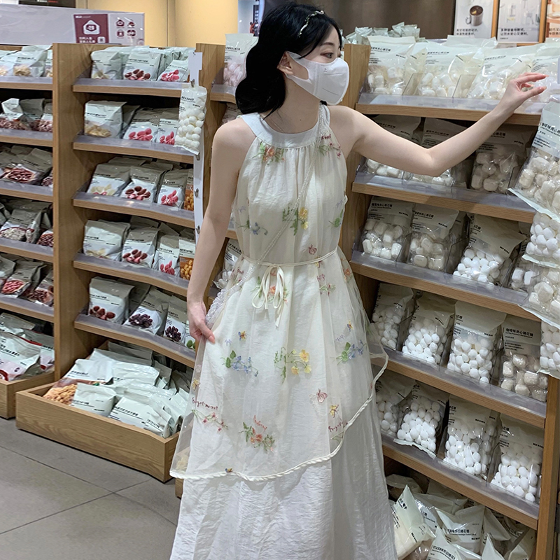 Vacation beautiful gauze long dress seaside halter dress