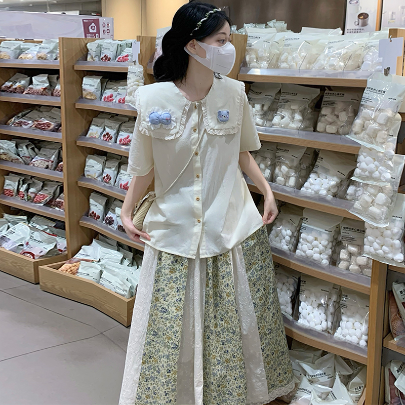 Fungus splice skirt loose lace shirt 2pcs set