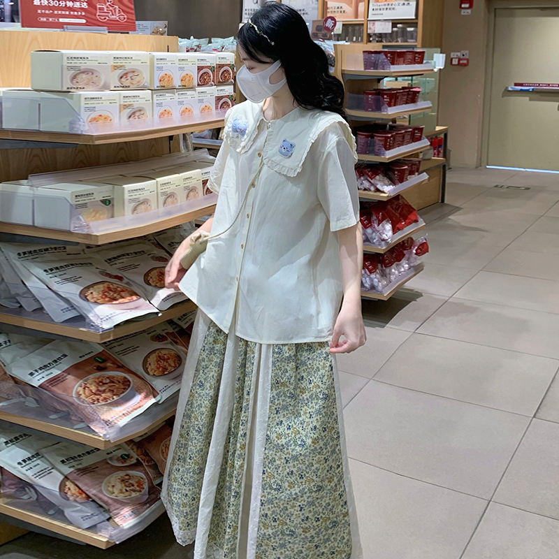 Fungus splice skirt loose lace shirt 2pcs set