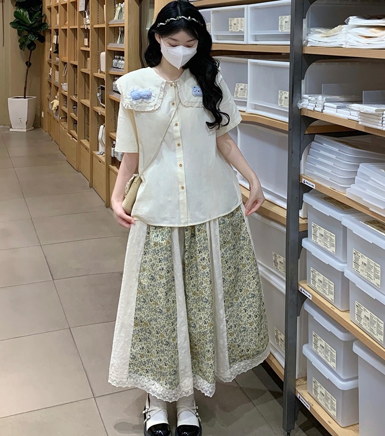 Fungus splice skirt loose lace shirt 2pcs set