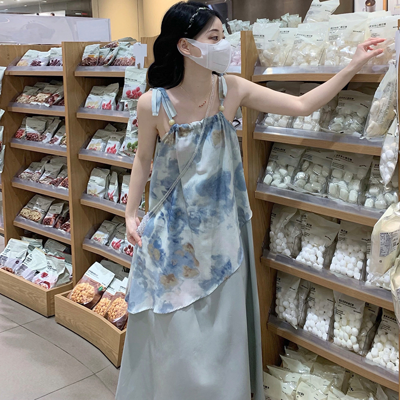 Sling printing tender France style tie dye dress