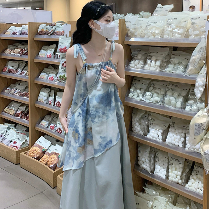 Sling printing tender France style tie dye dress