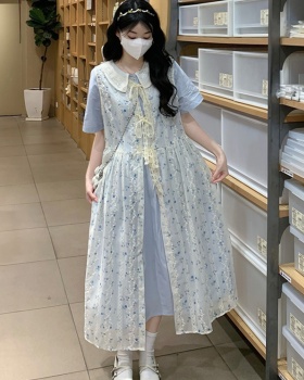 Embroidery college style smock lace long dress 2pcs set