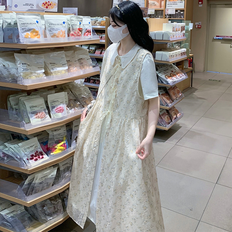Embroidery college style smock lace long dress 2pcs set