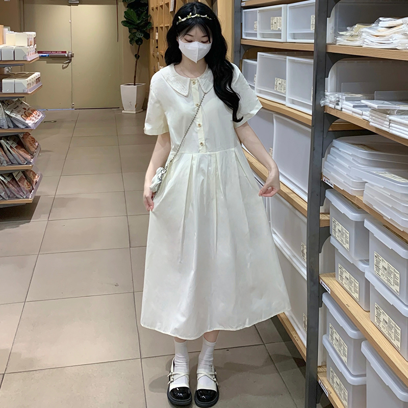 Embroidery college style smock lace long dress 2pcs set