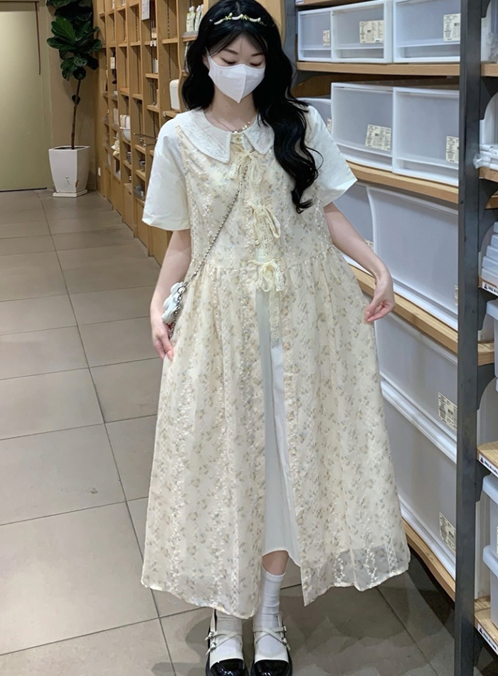 Embroidery college style smock lace long dress 2pcs set