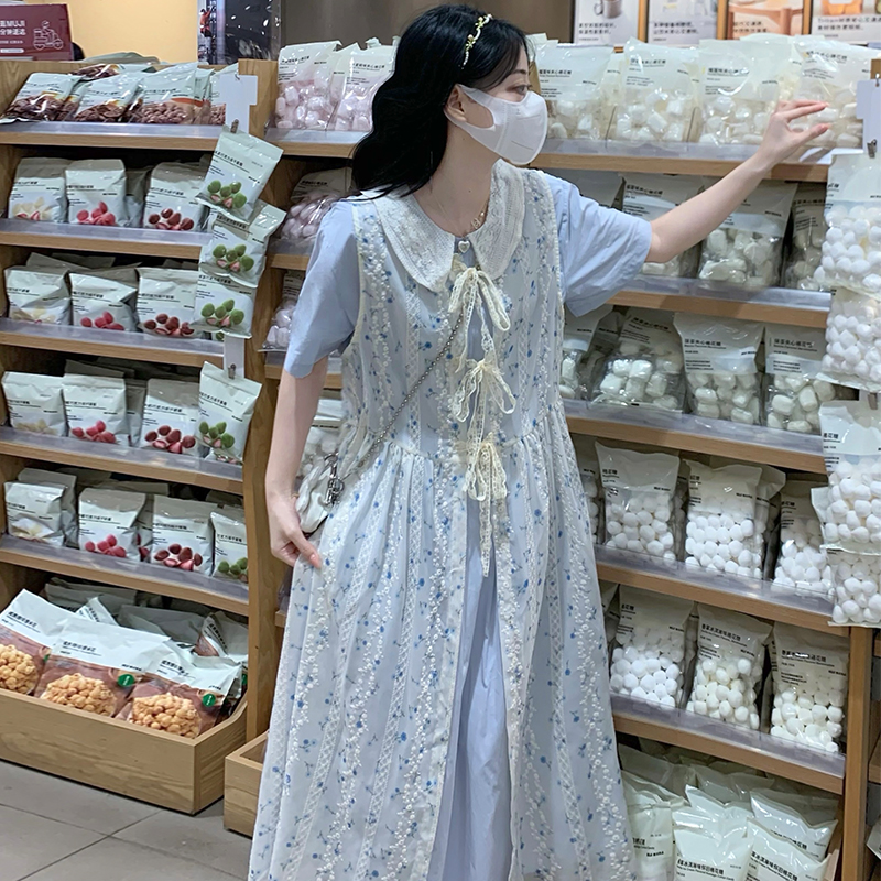 Embroidery college style smock lace long dress 2pcs set