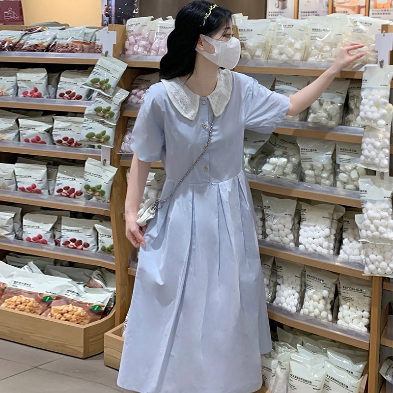 Embroidery college style smock lace long dress 2pcs set
