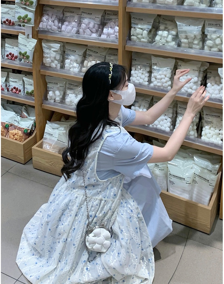 Embroidery college style smock lace long dress 2pcs set