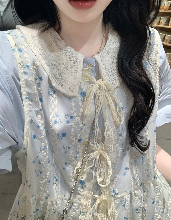 Embroidery college style smock lace long dress 2pcs set