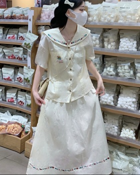 Navy collar sweet shirt short sleeve skirt a set