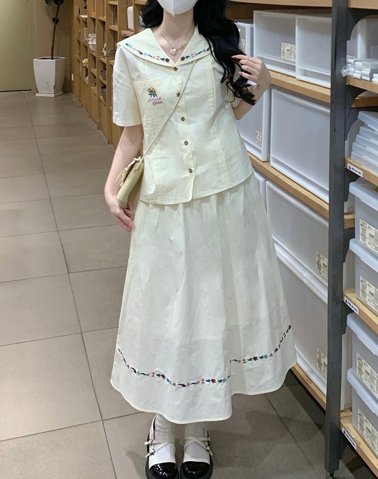 Navy collar sweet shirt short sleeve skirt a set