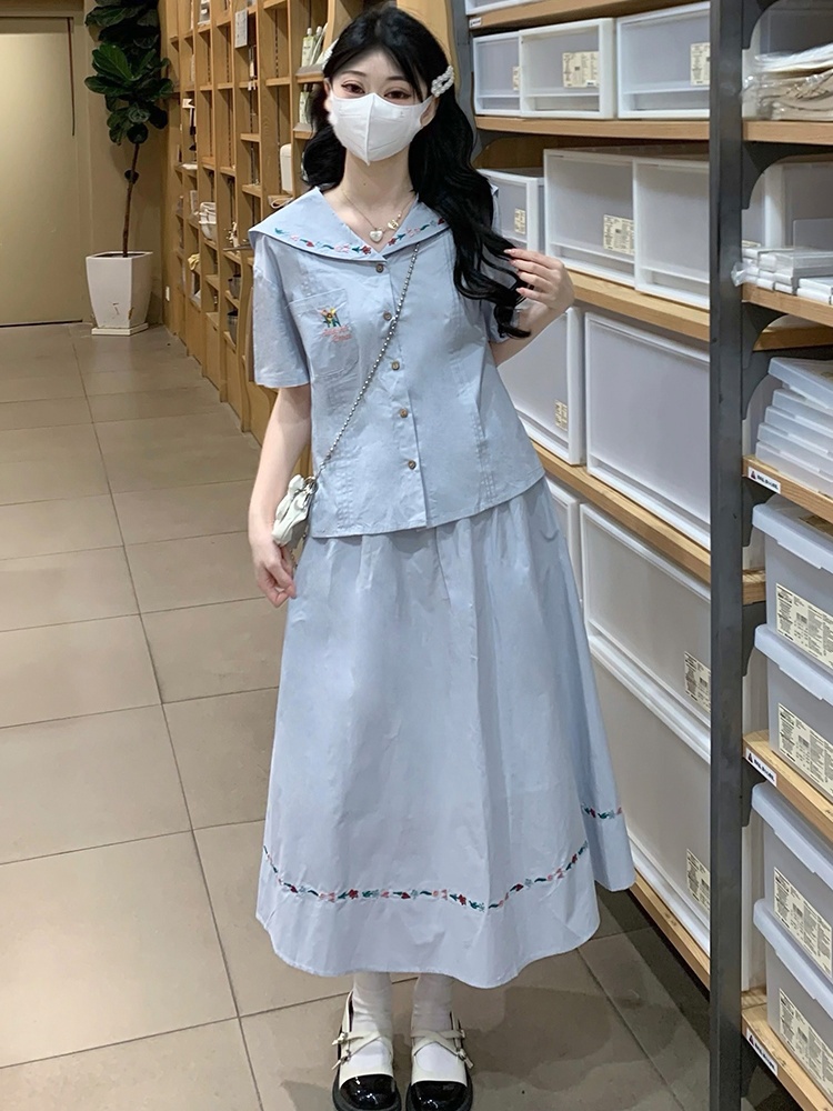 Navy collar sweet shirt short sleeve skirt a set