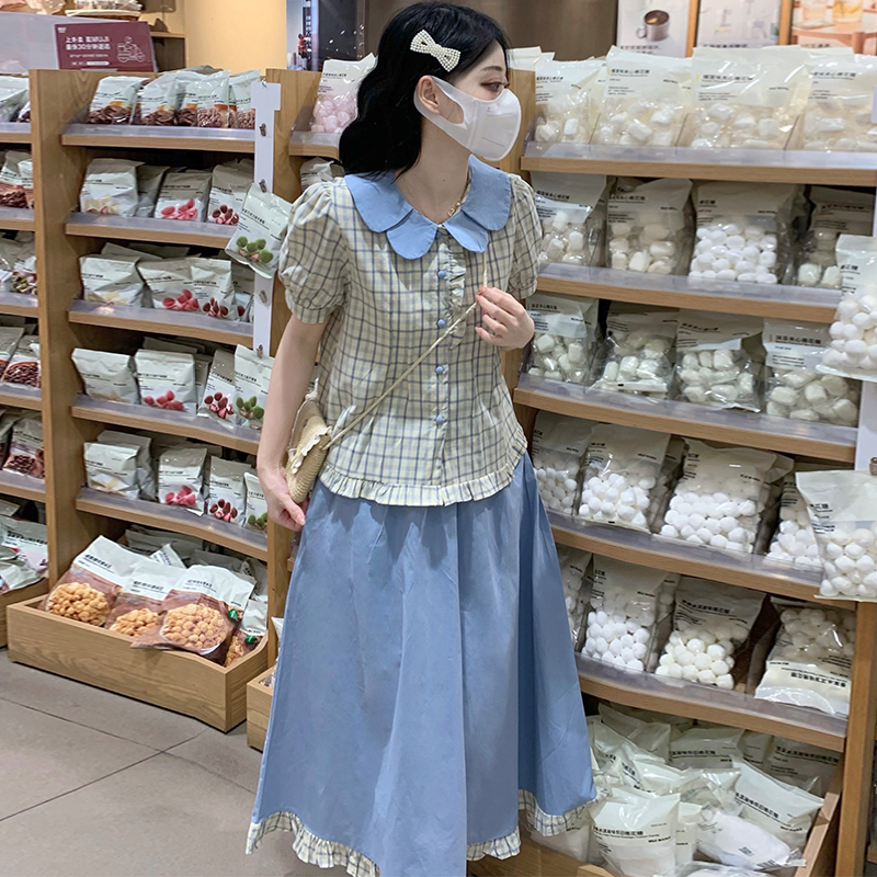 Tender plaid skirt retro fashion shirt a set